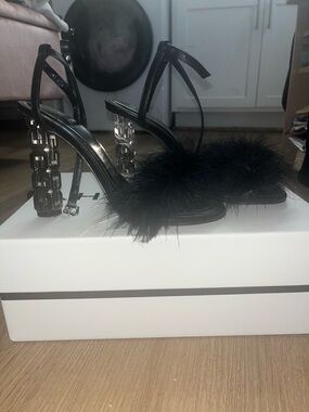 Givenchy Black Feather Strap Sandals with Sculptural Crystal Heel